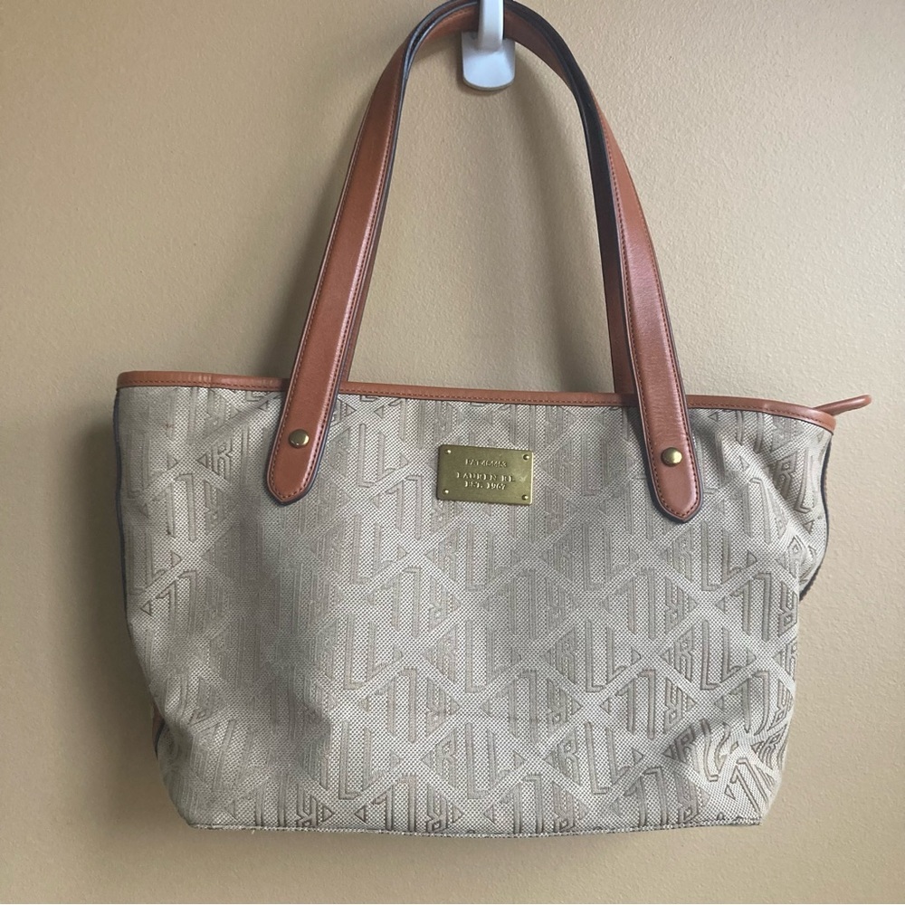 Lauren Ralph Lauren Beige Logo Tote with Tan Leather Trim